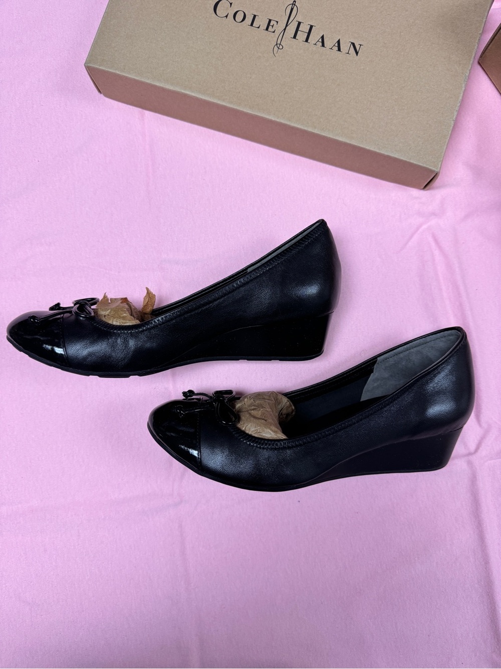 Cole Haan Black Leather Wedge Pumps with Patent Toe